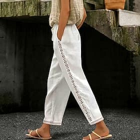 Women's Chinos Vintage Full Length High Waist Lace Patchwork Comfort Inelastic Vacation Black White Grey Summer Spring Loose Fit