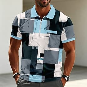 Men's Geometric Polo Shirts Short Sleeve Polo Shirts Lapel Casual Outdoor Holiday Daily Wear Pocket 3D Print Breathable Mesh Summer Spring Blue Purple Brown