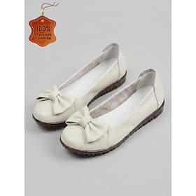 Women's Beige Premium Leather Flats - Comfort Shoes with Cute Bow Accent and Soft Non-Slip Sole, Slip-On Shoes for Casual Wear, Office, Travel and Everyday Com