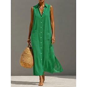 Femmes Robe Maxi Robes en lin ancien Quotidien Vacances Coupe Ample Uni Sans manches Col de chemise Vert Été