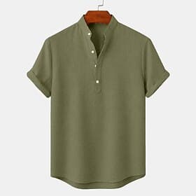 Men Shirt Linen Shirt Popover Shirt Summer Shirt Band Collar Shirt Plain Casual Daily White Black Yellow Pink Short Sleeve Henley Summer Clothing Apparel