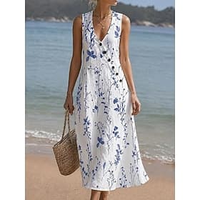 Women's Midi Dress A Line Dress Elegant Bohemia Beach Holiday Regular Fit Floral Graphic Sleeveless V Neck White Summer Spring