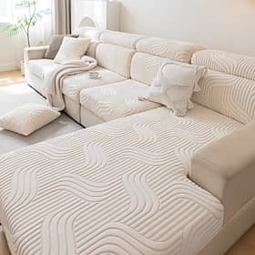 Geometric Wavy Jacquard Polar Fleece Sofa Cover, Thickened Stretch Fitted Couch Slipcover, Modern Living Room Furniture Protector