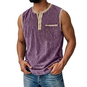 Men's Tank Top Vest Top 100% Cotton Acid Wash Shirt Sleeveless Round Neck Henley Summer Spring Plain Fashion Casual Color Block Garment Dyed Faded Casual Vacat