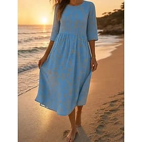 Women's Midi Dress Shift Dress Sundress Vacation Casual Beach Going out Regular Fit Floral Graphic 3/4 Length Sleeve Crewneck Blue Summer Spring