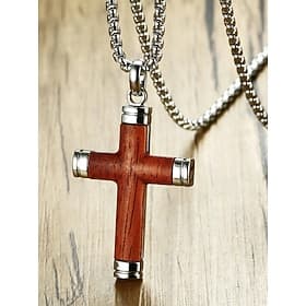 Men's Wooden and Alloy Cross Pendant Necklace Stainless Steel Chain Religious Jewelry Gift for Mature Men Summer Casual Travel Daily Wear