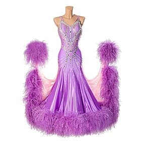 Danse de Salon Robe Strass Plumes / Fourrure Épissage Femmes Soirée Entraînement Performance Sans manches Haut Nylon Élasthanne thumbnail 3