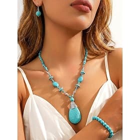 alliage bohème pour femmes Ensemble de bijoux turquoise, collier, boucles d'oreilles et bracelet (3 pièces), accessoires tendance pour l'été, la plage, les vac