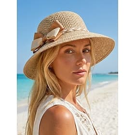 Chapeau de soleil tressé à larges bords pour femme, orné d'un nœud, élégant chapeau d'été multicolore style paille, casquette légère idéale pour la plage, les