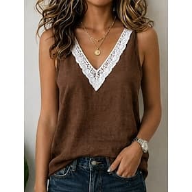 Femmes Chemise Chemise en Dentelle Haut d'épissage en dentelle Garniture en dentelle Couleur Unie Élégant Bohème Actif Sans manches Col en V Hauts Réguliers Oc
