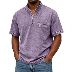 Homme Polo Chemise délavée à l'acide Occasionnel Travail Zip quart Col Polo Côtelé Manche Courte Mode Basique Uni Fermeture éclair Avec Poches Été Printemps Bl