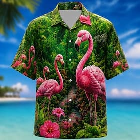 Homme Flamant rose Cocotier Plantes Tropicales Chemise hawaïenne Chemises tropicales Chemise Aloha Manche Courte Hawaïen Quotidien Vacances à la Plage Été Prin thumbnail 2