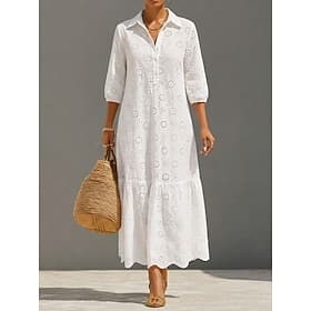 Women's Maxi Dress Boho Dress Cut Out Dress Vintage Daily Loose Fit Pure Color 3/4 Length Sleeve Shirt Collar White Summer