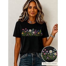 Femmes 100% Coton T-shirt Broderie Fleuri Graphique ancien Élégant Occasionnel Manche Courte Col ras du cou Hauts Réguliers Occasionnel Quotidien Week-end Blan