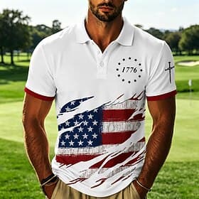 Men's American US Flag Polo Shirts Short Sleeve Polo Shirts Collared Shirts Casual Athleisure Festival Wear 3D Print Buttons Breathable Mesh Spring  Summer Blu