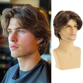Perruque courte brune pour homme, synthétique, lisse et dégradée, perruque de remplacement pour cosplay.