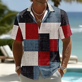 Men's Geometric Color Block Shirt Button Up Shirt Short Sleeve Fashion Casual Daily Beach Vacation Wear Summer Spring Turndown 3D Print Linen Like Shirt Blue R