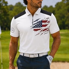 4th of July 2026 250th Men's American Flag Zip Polo Shirts Short Sleeve Polo Shirts Collared Shirts Casual Outdoor Athleisure 3D Print Breathable Mesh Spring