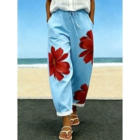 Women's Chinos Casual Pants Vacation Vintage Casual Full Length Medium Waist Floral Graphic Drawstring Pocket Print Comfort Soft Outdoor Inelastic Casual Daily