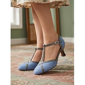 Women's 1950s Vintage Mary Jane Heels - Two-Tone Blue Suede T-Strap Shoes with Grey Leather for Retro Theme Party