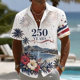 4 juillet 2026, 250e anniversaire Homme Drapeau Américain Feux d'artifice Cocotier Chemise Chemise d'été Chemise Boutonnée Manche Courte Patriotique Extérieur thumbnail 3