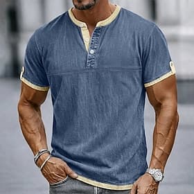 Men's Henley Shirt 100% Cotton Acid Wash Shirt Short Sleeve Plain Retro Vintage Casual Vintage Style Color Block Henley Casual Daily Home Summer Spring Fall Bl