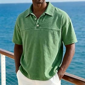 Men's Acid Wash Shirt Cotton Polo Shirt Casual Business Lapel Classic Short Sleeve Fashion Basic Solid Color Buttons Washed Summer Spring Spring   Fall Regular
