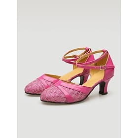 Chaussures de danse de salon élégantes pour femmes, ornées de paillettes rose rouge, confortables et dotées d'une bride croisée et d'un talon mi-haut, idéales