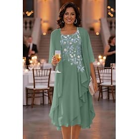 Deux Pièces Ligne A Asymétrique Mi-long Robe de Mère de Mariée  Demi Manches Col Rond Élégant Simple Occasionnel Formel robe demoiselle d honneur Fête Chiffon