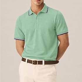 Men's Pique Polo Shirt Casual Business Ribbed Polo Collar Short Sleeve Fashion Basic Solid Color Plain Lightweight Buttons Spring  Summer White Green Pique Pol