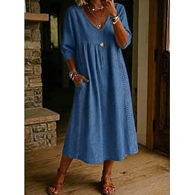 Women's Midi Dress Shirt Dress Elegant Vacation Vintage Daily Outdoor Vacation Loose Fit Plain Long Sleeve V Neck Blue Navy Blue Spring