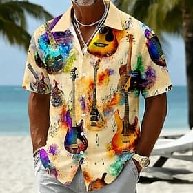 Men's Guitar Musical Instrument Shirt Summer Shirt Button Up Shirt Short Sleeve Vintage Retro Outdoor Beach Vacation Wear Summer Spring Turndown 3D Print Butto