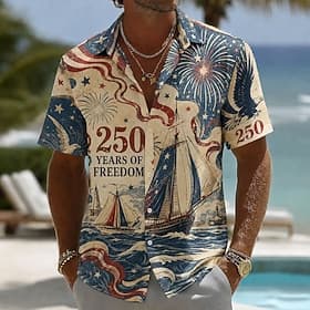 4th of July 2026 250th Men's American Flag Shirt Summer Shirt Button Up Shirt Short Sleeve Patriotic Outdoor Festival Summer Spring Turndown 3D Print Collared thumbnail 4