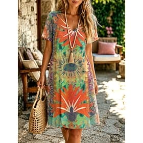 Femmes Robe Longueur Genou Robe T-Shirt Robe trapèze Vacances Occasionnel Boho Plage Coupe régulière Fleuri Graphique Manche Courte Col en V Bleu Rouge Orange