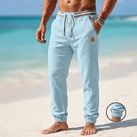 Men's Linen Pants Summer Pants Beach Pants Drawstring Elastic Cuff Plain Comfortable Breathable Full Length Casual Daily Beach Vacation Fashion Khaki Black Ine