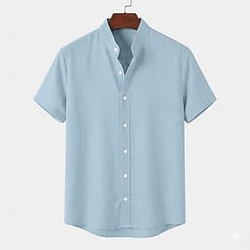 Men Shirt Linen Shirt Summer Shirt Band Collar Shirt Button Up Shirt Plain Casual Daily White Black Sky Blue Orange Short Sleeve Mandarin Collar Summer Clothin