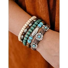 Women's Boho 5PCS Layered Bracelet Set, Alloy  Turquoise Stack Bracelets with Wood Beads and Leather Floral Cuff, Summer Vacation Jewelry Gift