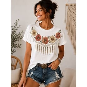 Women's T Shirt Print Floral Graphic Vintage Stylish Classic Short Sleeve Crew Neck Regular Tops Casual Daily Weekend White Summer Spring