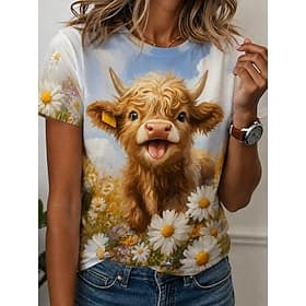 Femmes T-shirt Imprimé Graphique Animal Vache ancien Élégant Classique Manche Courte Col ras du cou Hauts Réguliers Occasionnel Quotidien Bleu Kaki Été Printem