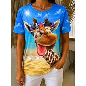 Femmes T-shirt Bloc de Couleur Imprimé Graphique Animal Girafe ancien Élégant Classique Manche Courte Col ras du cou Hauts Longs Occasionnel Quotidien Bleu Jau