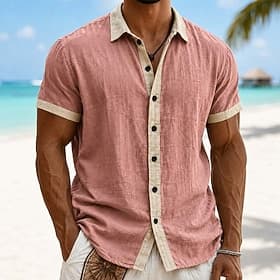 Men Linen Shirt Summer Shirt Beach Wear Button Up Shirt Color Block Casual Vacation Blue Black Pink Green Short Sleeve Turndown Summer Clothing Apparel