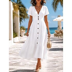 Femmes Robe Midi Robe trapèze Vacances Occasionnel Plage Soirée Date Coupe régulière Uni Manche Courte Col en V Bleu Noir Blanche Vert Été Printemps