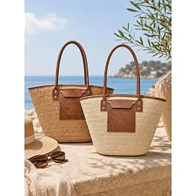 Women's Large Capacity Straw Tote Bag, Bohemian Summer Shoulder Handbag in Ivory and Khaki, Woven Beach Vacation Bag for Travel, Shopping and Casual Daily Wear