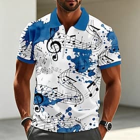Men's Geometic Musical Notes Polo Shirts Short Sleeve Polo Shirts Collared Shirts Business Casual Outdoor Athleisure Holiday Pocket 3D Print Quarter Zip Polo S