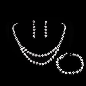 Jewelry Set Three-piece Suit Rhinestone Chrome Earrings Necklace Women's Fashion Square Jewelry Set For Wedding