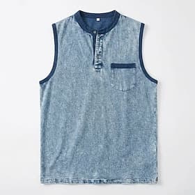 Homme Débardeur Chemise 100% coton délavée à l'acide Sans manches Henley Été Printemps Uni Mode Occasionnel Bloc de Couleur Teinture en vêtement Délavé Occasio