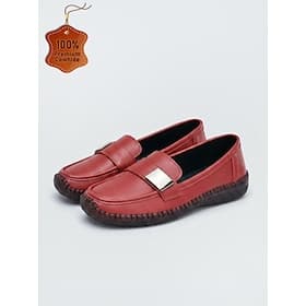 Women's Red Genuine Leather Loafers – Soft Slip-On Comfort Moccasin Shoes with Hand-Stitched Craftsmanship, Flexible Non-Slip Sole for Work, Travel, Driving an