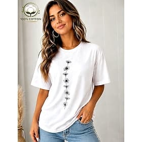 Women's 100% Cotton T Shirt Print Graphic Animal Casual Short Sleeve Crew Neck Regular Tops Casual Daily White Summer Spring