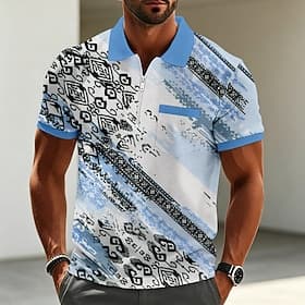 Men's Geometic Polo Shirts Short Sleeve Polo Shirts Collared Shirts Casual Outdoor Athleisure Holiday Pocket 3D Print Quarter Zip Polo Spring  Summer Blue Purp