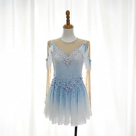 Robe de patinage artistique Femmes Patinage Robe Bleu Ciel Patchwork Trou de pouce Élastique Entraînement Compétition Tenue de Patinage Classique cristal paill